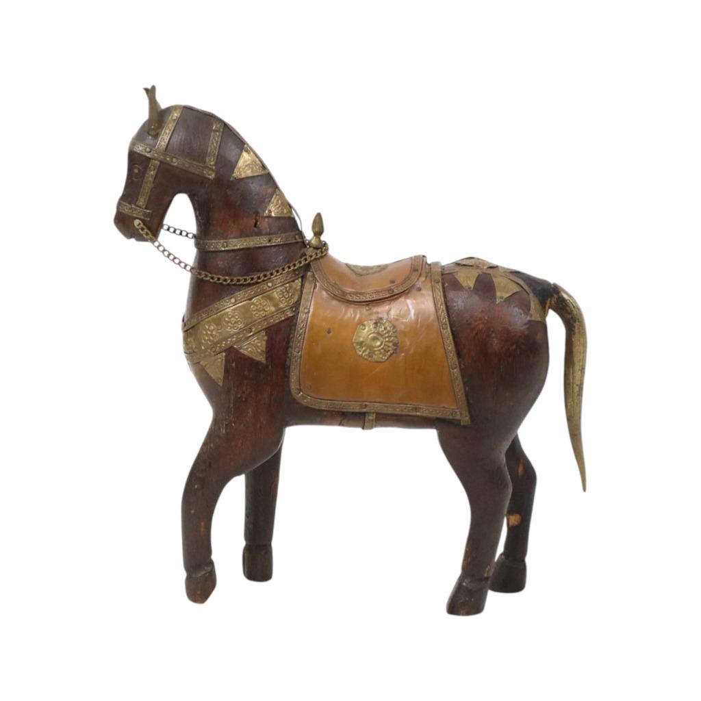 Vintage Houten Marwari Paard Beeld Koper Beslag 26cm, Verzamelen, Beelden en Beeldjes, Gebruikt, Dier, Ophalen of Verzenden