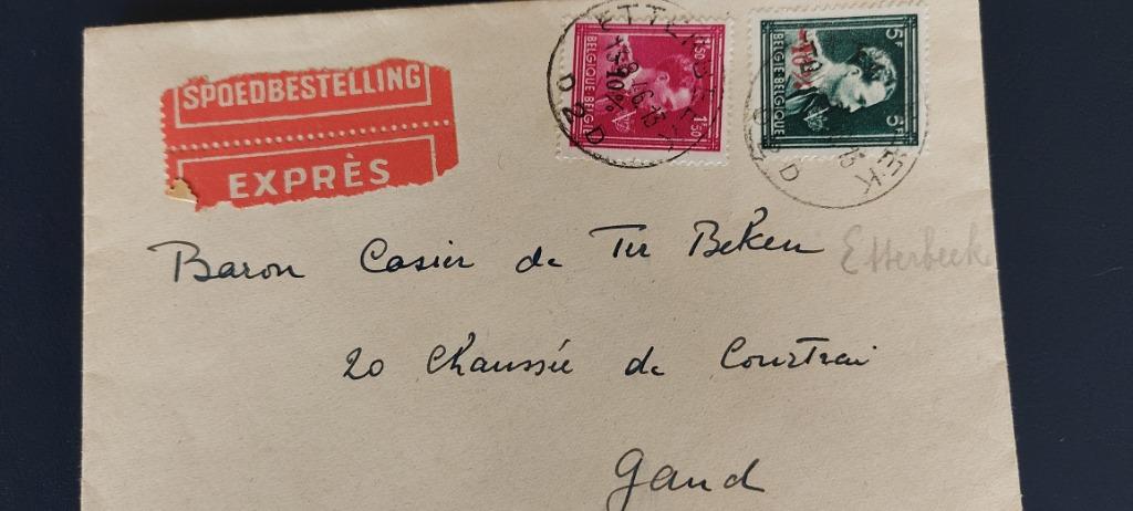 « Col ouvert » de type Léopold III avec imprimé en « V » et, Oblitéré, Enlèvement ou Envoi, Affranchi, Avec enveloppe