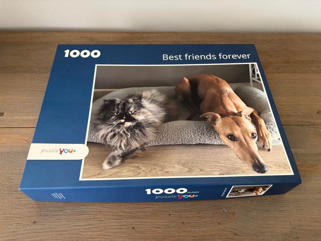 Legpuzzel kat en hond 1000 stukjes, Hobby en Vrije tijd, Ophalen of Verzenden, 500 t/m 1500 stukjes, Zo goed als nieuw, Legpuzzel