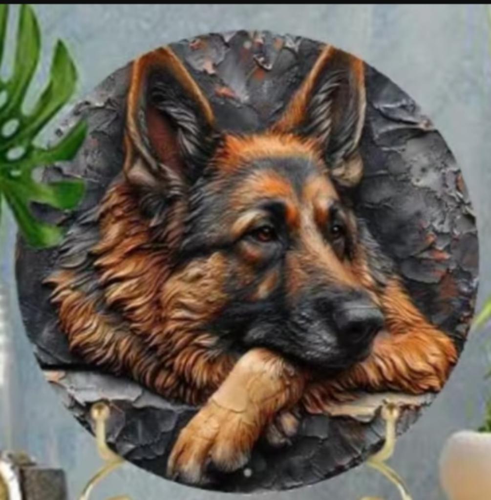 Plaque ronde vintage en métal German Shepherd au repos, Enlèvement ou Envoi, Neuf