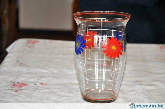 *ancien vase en verre quadrillé fleur bleu et rouge, Enlèvement ou Envoi