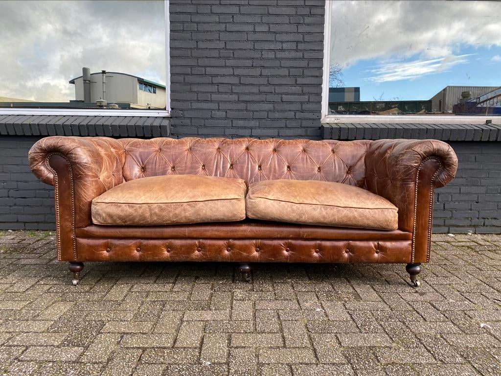 Stoere Chesterfield zetel vintage cognac GRATIS GELEVERD, Ophalen of Verzenden, Leer