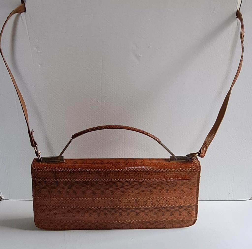Vintage pitone handtas 1970ies, Ophalen of Verzenden, Zo goed als nieuw, Bruin, Handtas