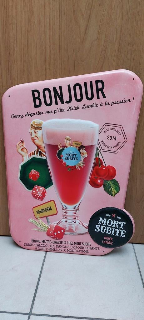 Belle enseigne publicitaire Mort Subite bière aux cerises, Enlèvement ou Envoi, Neuf, Panneau, Plaque ou Plaquette publicitaire