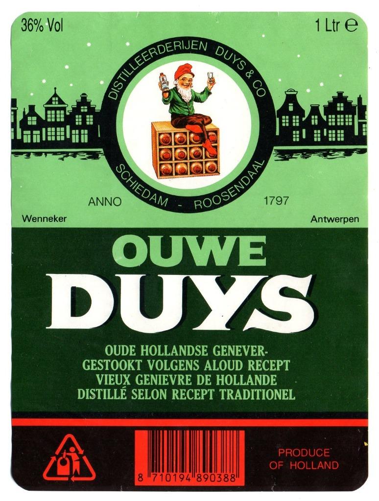 etiket genever jenever Ouwe Duys Schiedam Roosendaal, Verzamelen, Ophalen of Verzenden, Gebruikt