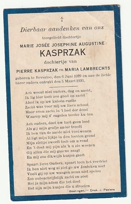 Marie Josée KASPRZAK Lambrechts Beverloo 1929-1930 Kind, Verzamelen, Verzenden, Bidprentje