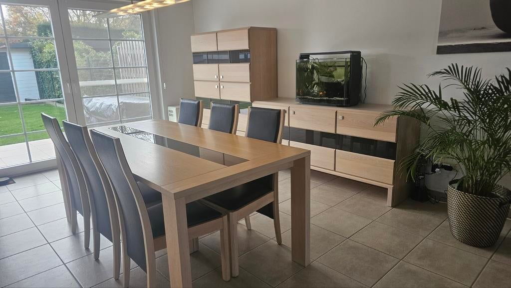 Houten eettafel (+ 6 stoelen + Salontafel), Huis en Inrichting, Tafels | Eettafels, Ophalen, Eikenhout, 50 tot 100 cm, Zo goed als nieuw