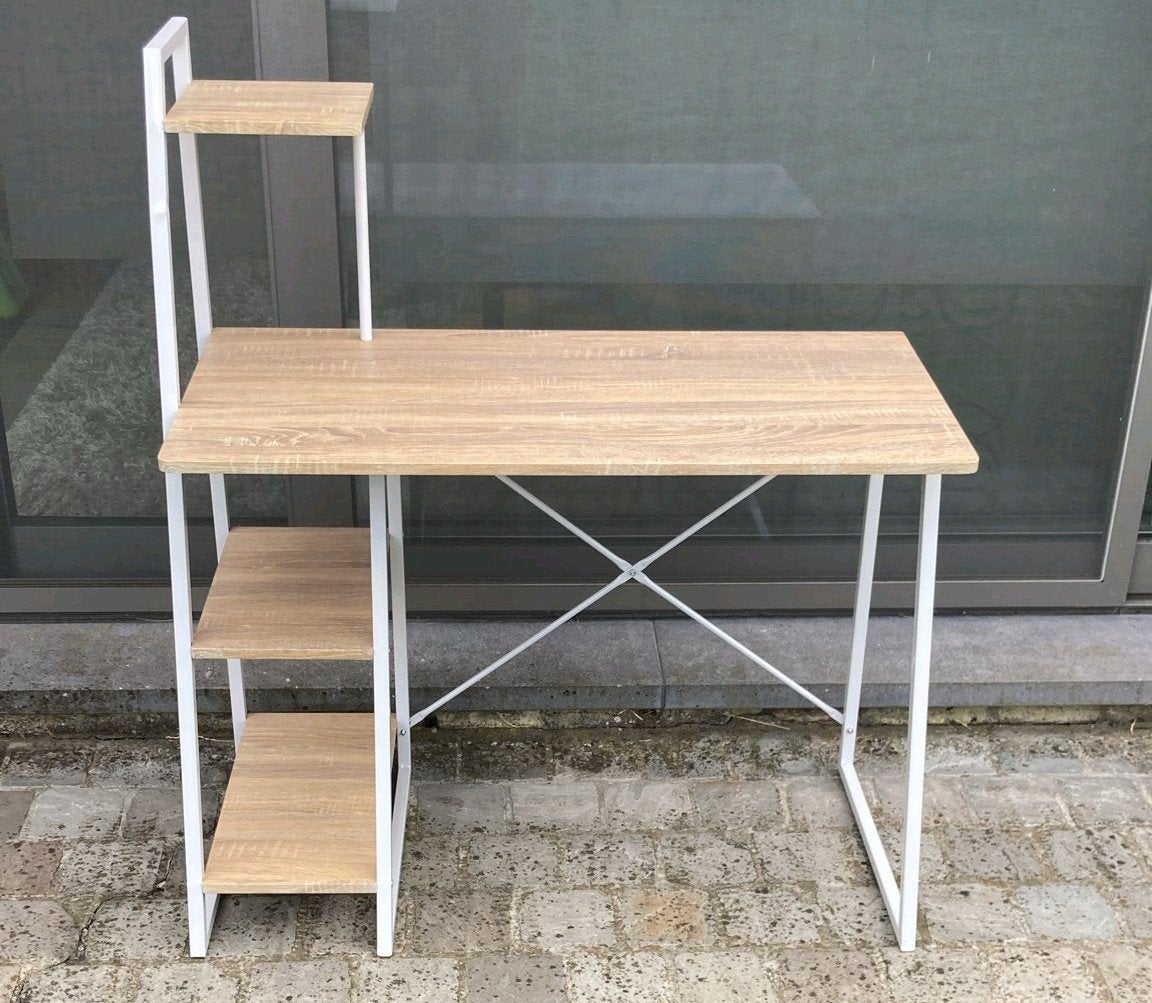 Modern bureau 99x50x118 cm - Wit metaal/Houtlook, Autres marques, 50 cm, Comme neuf, Bureau-armoire combiné
