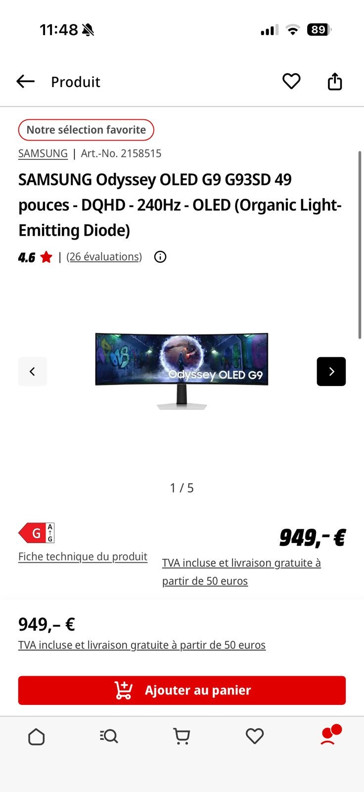 SAMSUNG Odyssey OLED 49 pouces - DQHD - 240Hz - OLED, Enlèvement, Comme neuf