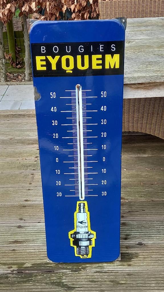 emaille reclamebord thermometer bougies EYQUEM, Ophalen of Verzenden, Gebruikt, Reclamebord