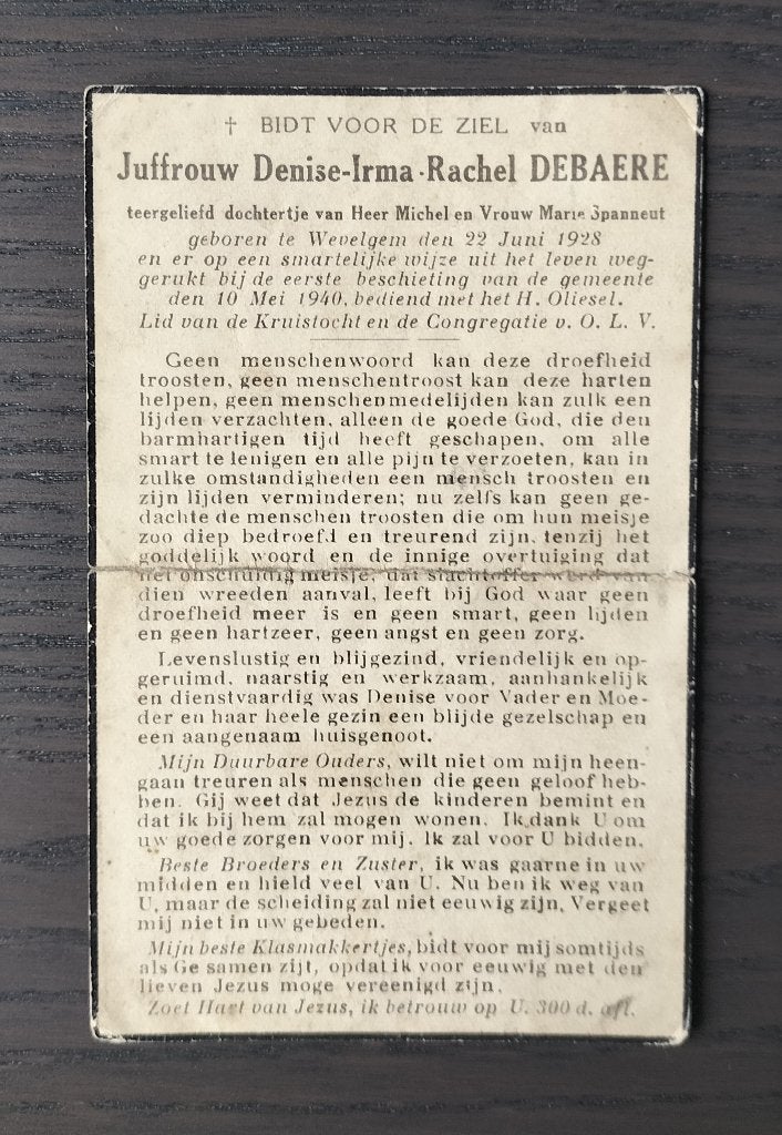 Slachtoffer WO II - Wevelgem - beschieting 10 mei 1940, Verzamelen, Bidprentjes en Rouwkaarten, Bidprentje, Verzenden