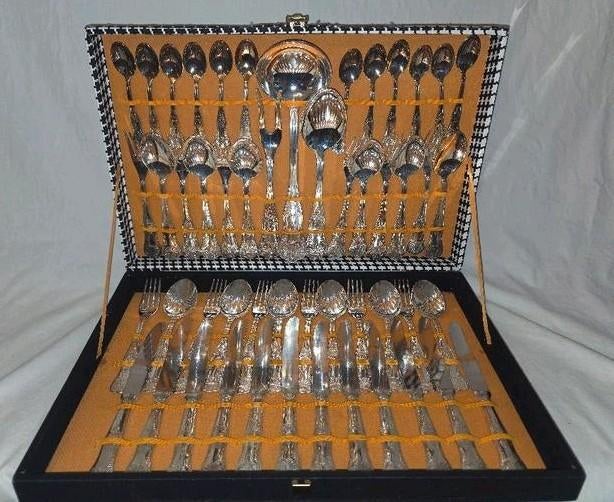 Vintage 51-delige bestekset met 800‘AP’ markering  in koffer, Antiek en Kunst, Antiek | Bestek, Ophalen of Verzenden