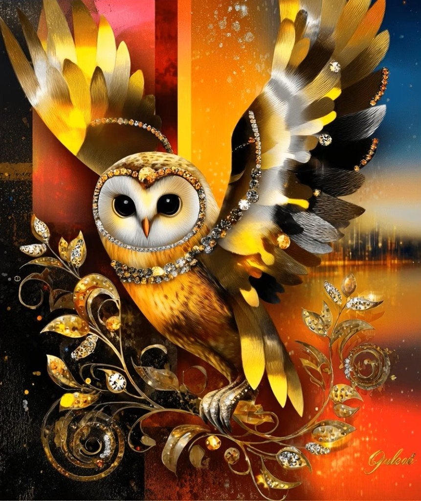 Peinture au diamant 40x30cm hibou doré rouge (carré) n 204, Neuf, Multicolore, Enlèvement ou Envoi, Autres matériaux
