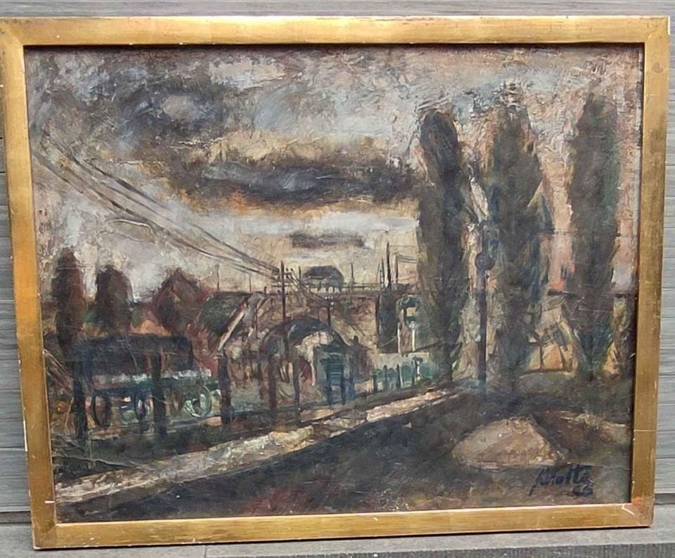 Huile sur panneau chemin de fer signe David Pirotte, Enlèvement, Panneau