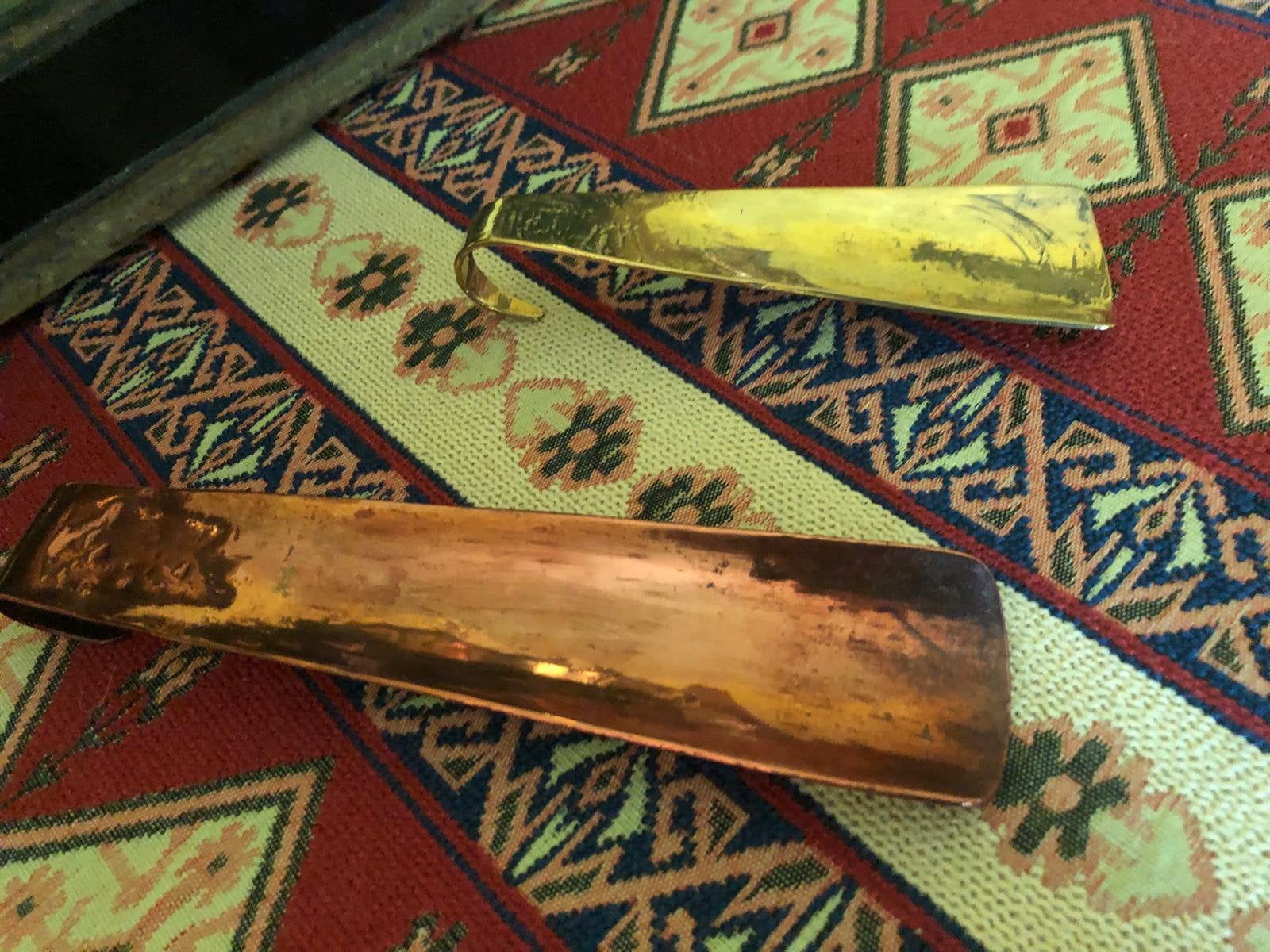 2 antieke schoenlepels in koper en messing – vintage deco, Ophalen, Koper