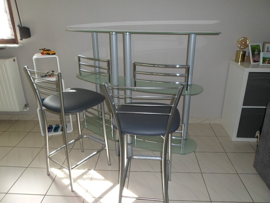 Glazen barmeubel met barkrukken, Huis en Inrichting, Ophalen, Zo goed als nieuw, Inclusief barstoelen