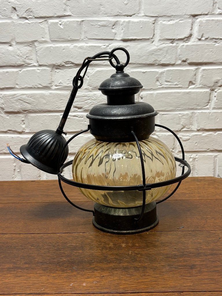 Sfeervolle Vintage Scheepslamp / Hanglamp – Amber Glas &, Gebruikt, Weet ik niet, Ophalen of Verzenden, Glas
