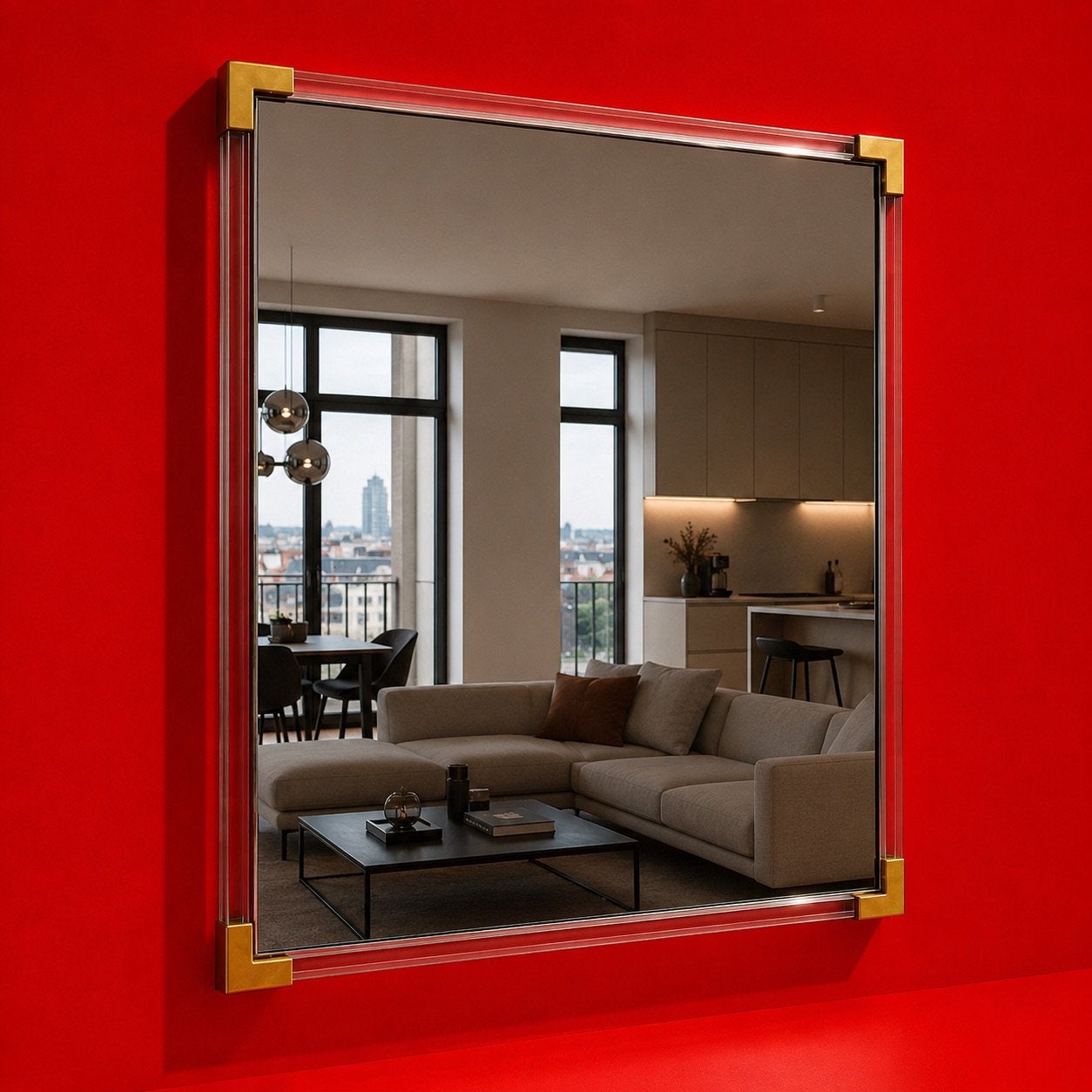 Grand miroir carré avec cadre transparent et coins dorés, Enlèvement, Utilisé, Carré