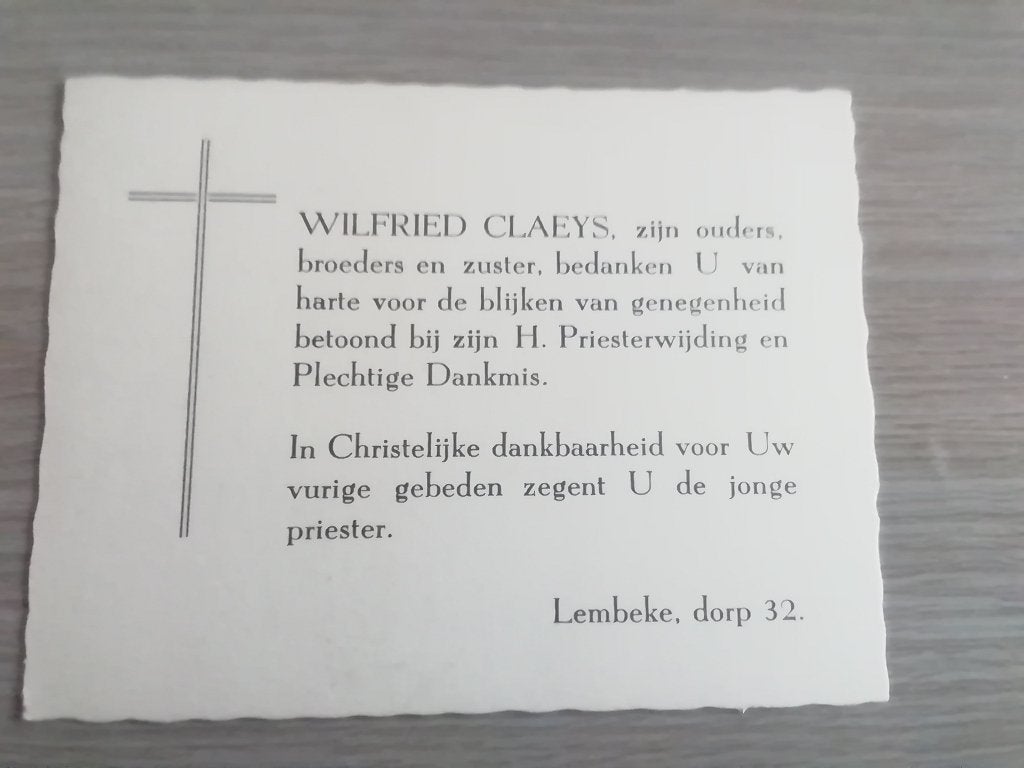 Dank kaartje voor de genegenheid betoond H. Priesterwijding, Verzamelen, Ophalen of Verzenden
