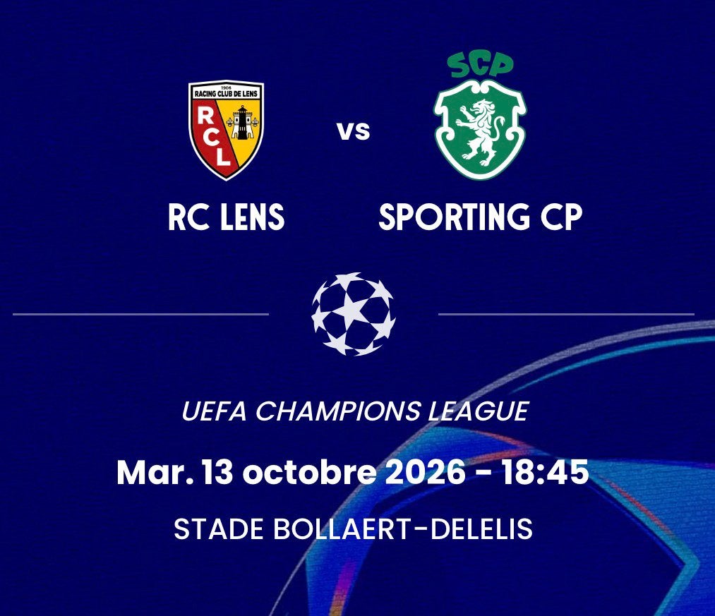 2 billets Ligue des Champions Lens - Sporting Lisbon 13/10, Cartes en vrac, Deux personnes, Octobre