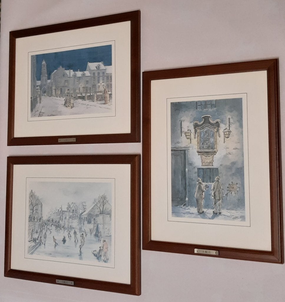 3 x kunstwerken: tekeningen Lier van Henri Melis (1978), Antiquités & Art, Enlèvement, Impression, Sous verre