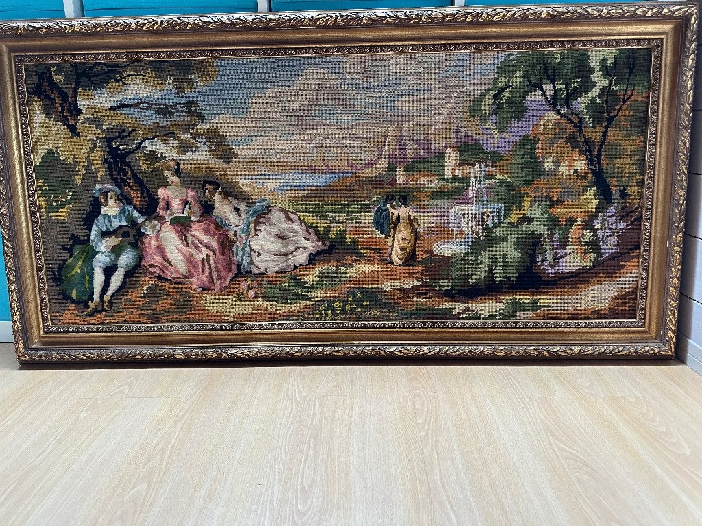 Groot ingelijst gobelin borduurwerk in rococo stijl, Ophalen
