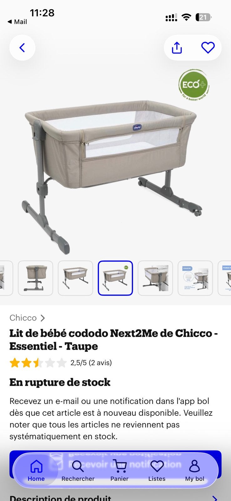 Lit de bébé cododo Next2Me de Chicco - Essentiel - Taupe, Enfants & Bébés, Enlèvement ou Envoi, Comme neuf, Lit