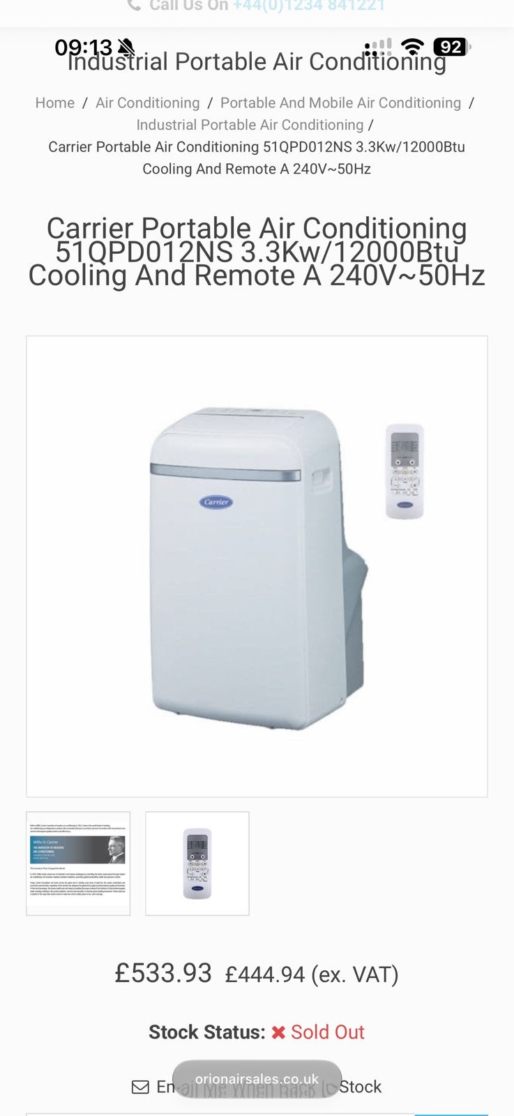 Carrier Portable Air Conditioning 51QPD012NS 3.3Kw/12000Btu, Elektronische apparatuur, Airco's, Ophalen, Zo goed als nieuw