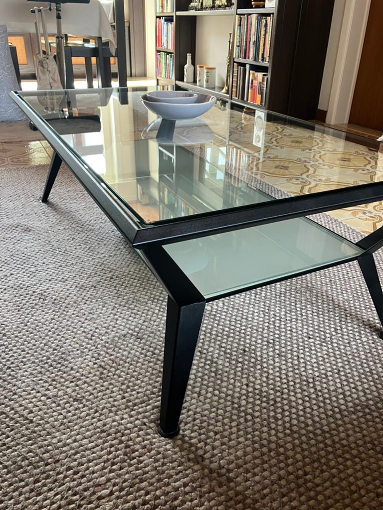 Stijlvolle salontafel in glas en gietijzer ., Huis en Inrichting, Ophalen, 100 tot 150 cm, 50 tot 100 cm, Minder dan 50 cm