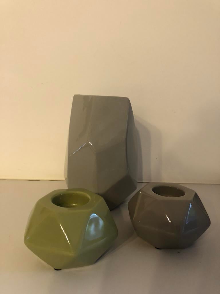 Vaas + 2 theelichthouders Maisons du Monde, Aardewerk of Porselein, Ophalen of Verzenden, Zo goed als nieuw, Minder dan 50 cm