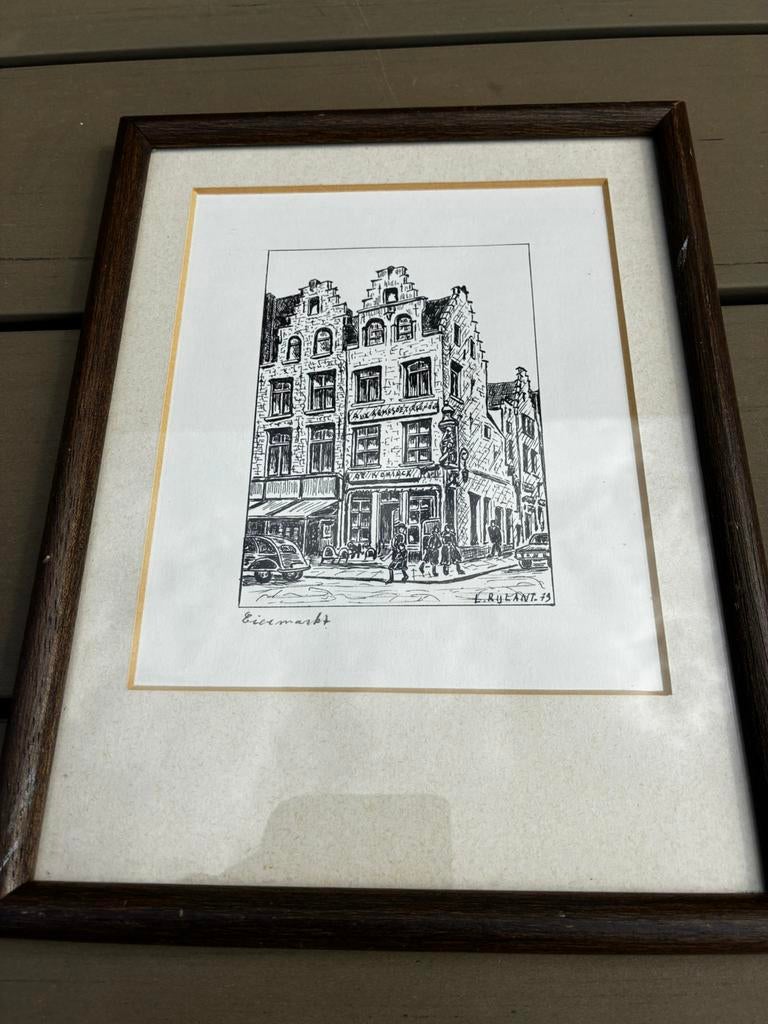 Ets L. Rijlant Eiermarkt Antwerpen De Koninck, 26 cm, Ingelijst, Stadsgezicht, Ophalen of Verzenden