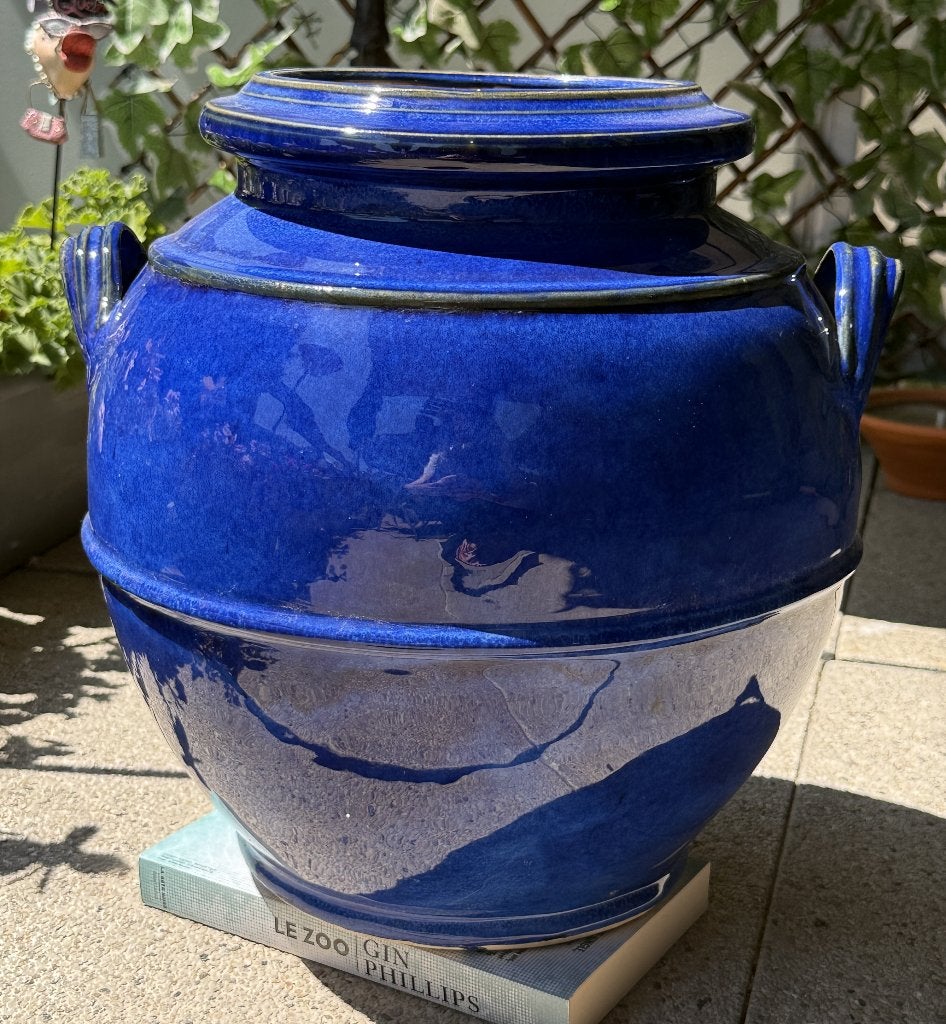 Blauwe plantenbak met 2 handgrepen in zeer goede staat, Tuin en Terras, Bloempotten, Ophalen, Rond, Binnen, Zo goed als nieuw