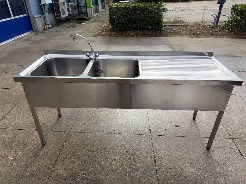 RVS Spoeltafel met 2 bakken L2m00xD60xH85/90cm, Zakelijke goederen, Ophalen, Gebruikt, Meubilair
