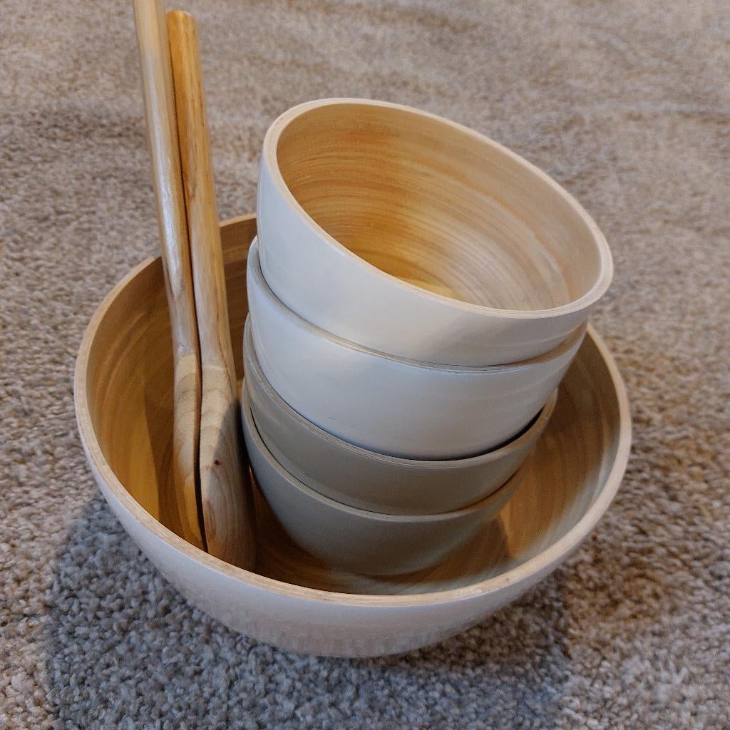 bamboo  set 4 leuke set kom schaal en slabestek, Enlèvement ou Envoi