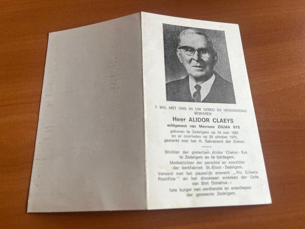 Alidor Claeys  Zedelgem 1889 +1976- Gieterijen Claeys, Verzenden, Rouwkaart