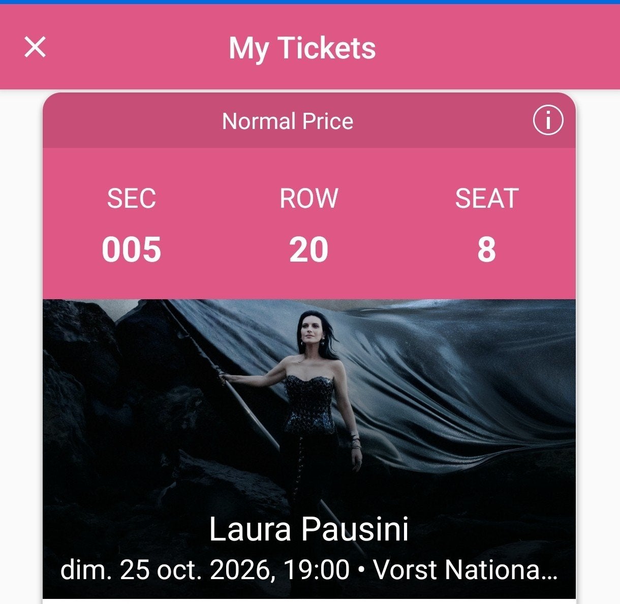 concert Laura Pausini le 25/10/26 a forest national 2 places, Tickets en Kaartjes