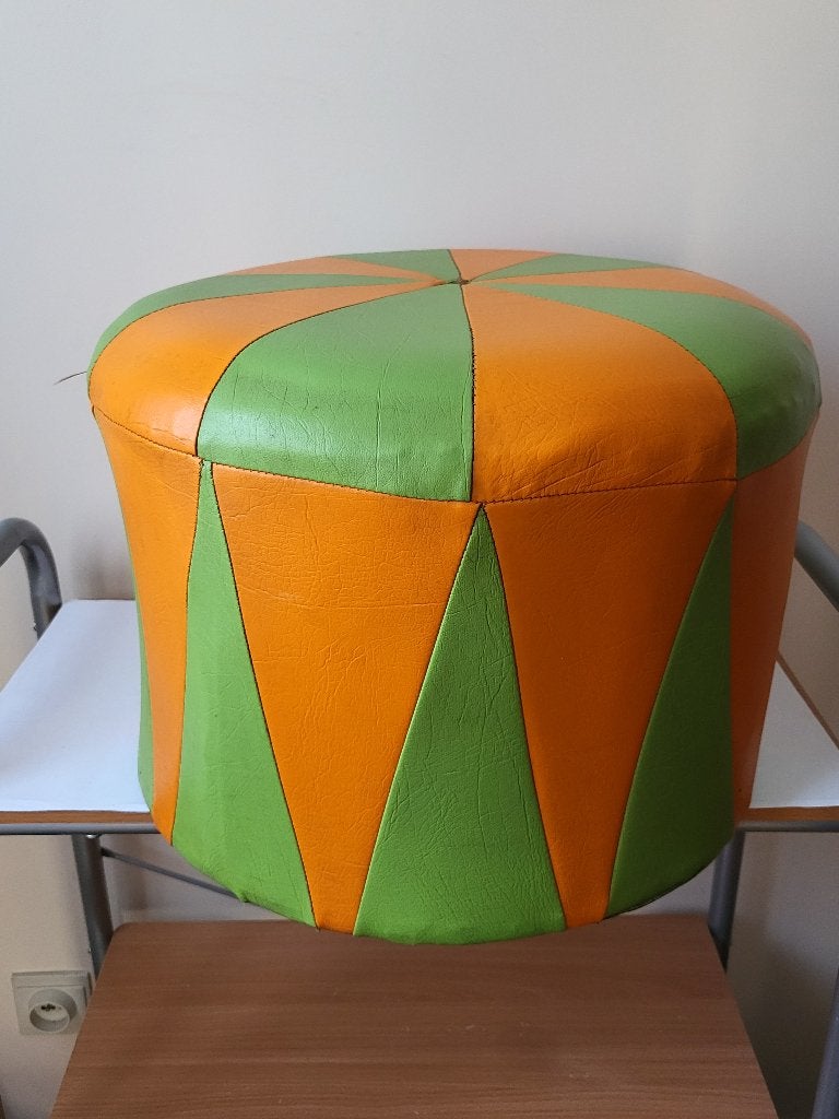 Pouf Tabouret Vintage Années 70 – Skaï Orange & Vert, Enlèvement ou Envoi, Cuir