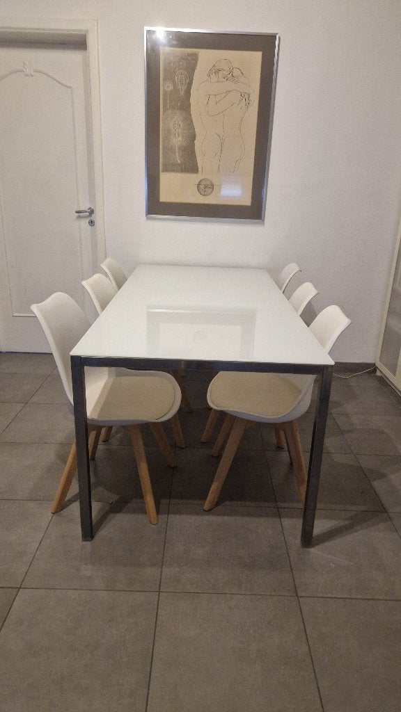 tafel en stoelen, Huis en Inrichting, Tafels | Eettafels, Ophalen, 50 tot 100 cm, Vijf personen of meer, Wit glas zilveren poten