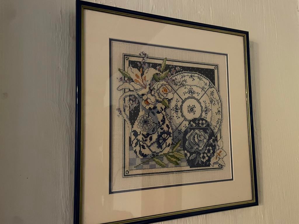 Borduurwerk bloemen blauw wit, Hobby en Vrije tijd, Borduren en Borduurmachines, Ophalen