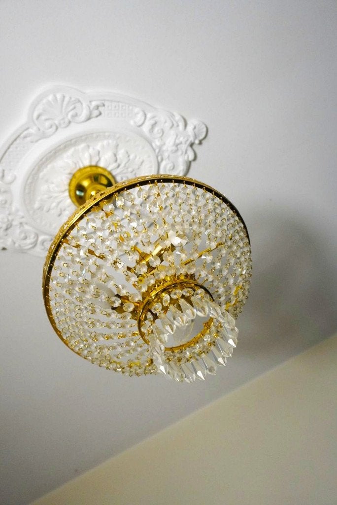 Klassieke kristallen plafondlamp / kroonluchter, Huis en Inrichting, Lampen | Kroonluchters, Ophalen, Klassiek, E14 (klein), Zo goed als nieuw