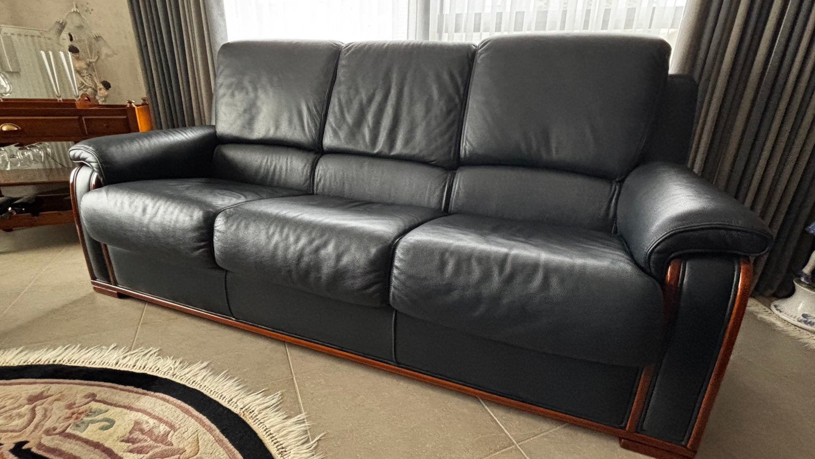 Lederen salon donkerblauw - 2 zetels, Trois personnes, Moins de 75 cm, 200 à 250 cm, Banc droit