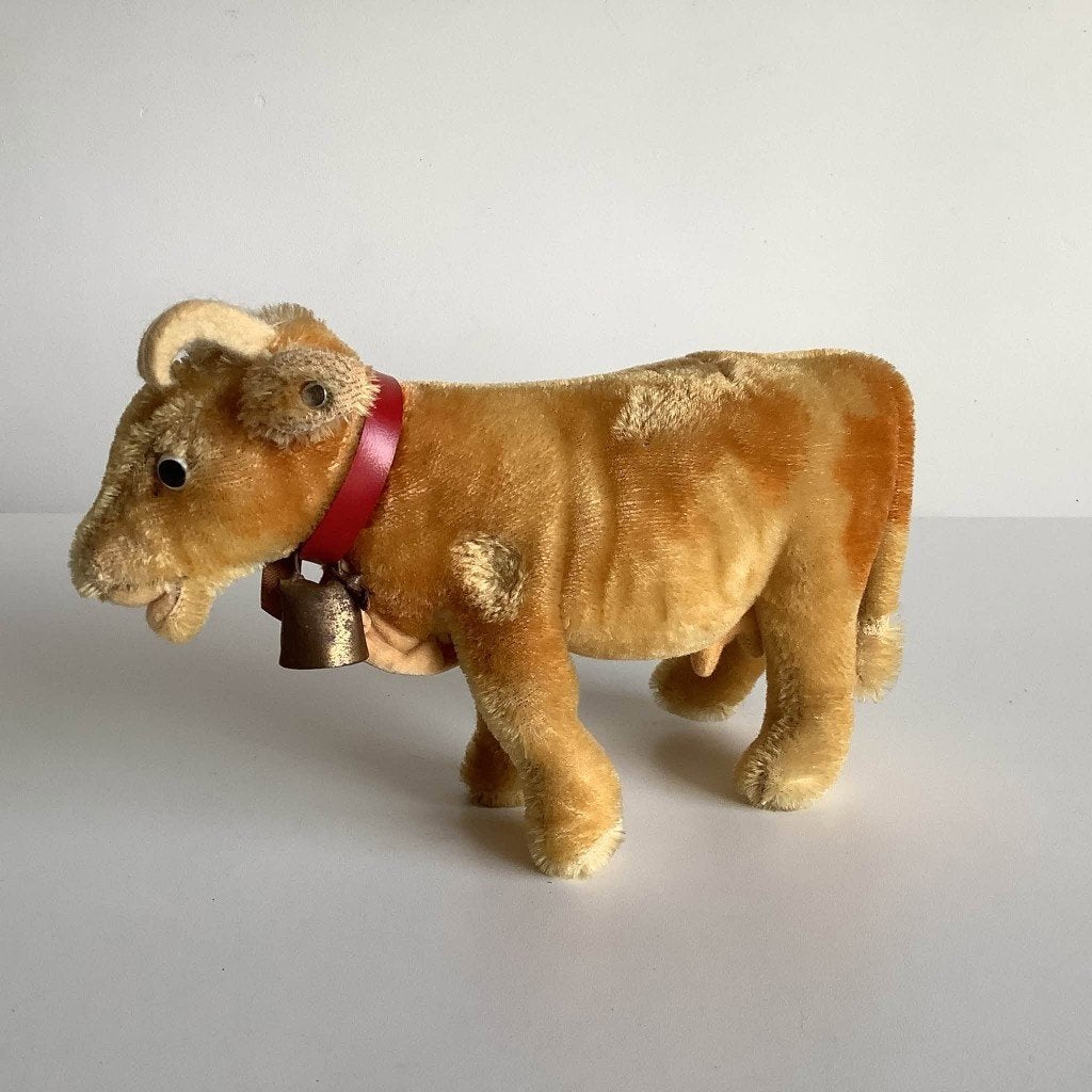 Leuke vintage Steiff koe met bel en knopje, Ophalen of Verzenden