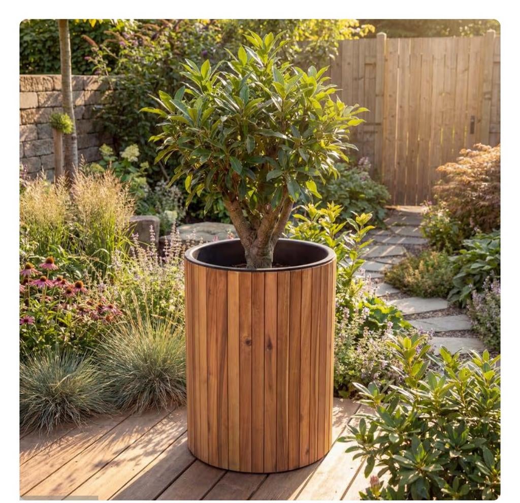 NieuwRonde Houten Plantenbak diameter 34cm x 50cm Acaciahout, Tuin en Terras, Ophalen of Verzenden