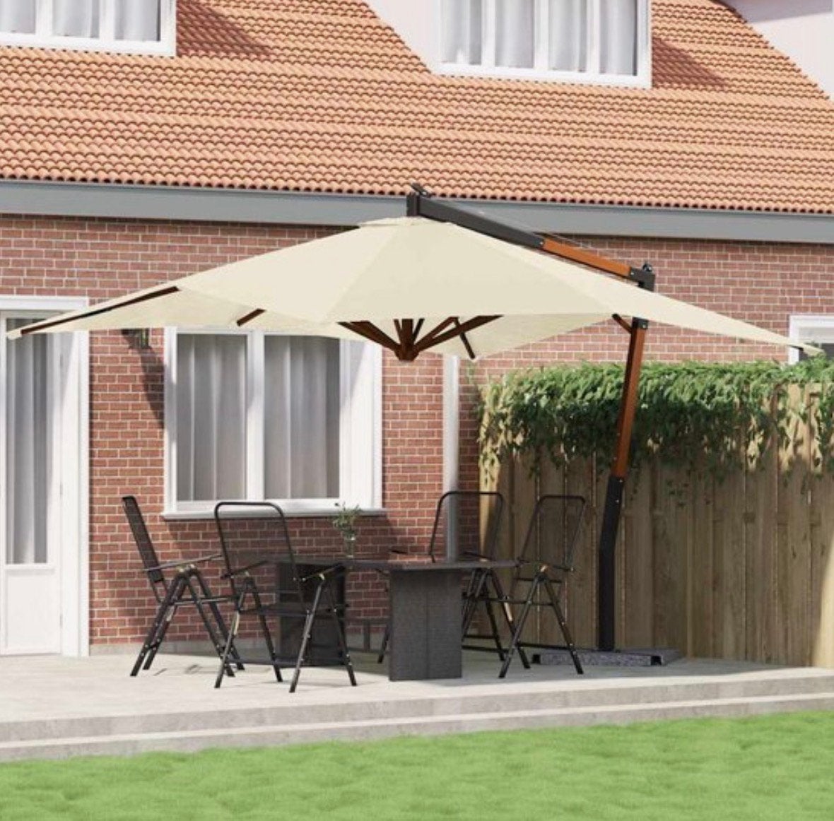 Zweefparasol met houten paal 400cm op 300cm - zandwit wit, Jardin & Terrasse, Parasols, Neuf, Inclinable, 3 à 4 mètres, Parasol flottant