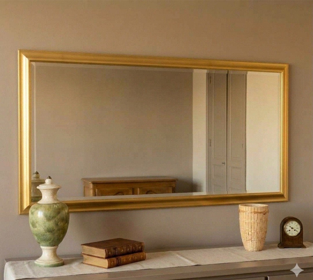 Grand Miroir XXL Doré en Bois Massif, Enlèvement, Rectangulaire