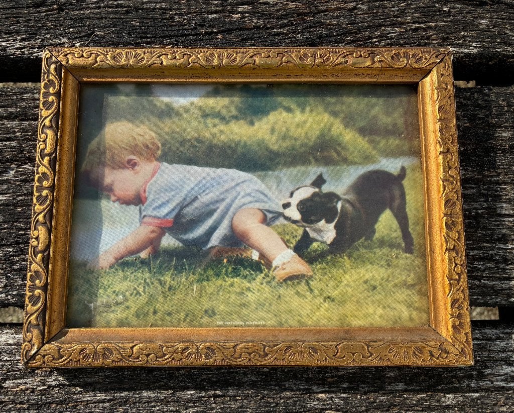 Brocante, goudkleurig kadertje “The watchful playmate”, Ophalen of Verzenden