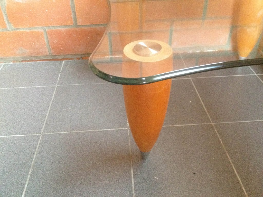 Glazen vierkante salontafel of bijzettafel met ronde vorming, Ophalen, Gebruikt, Kersenhout