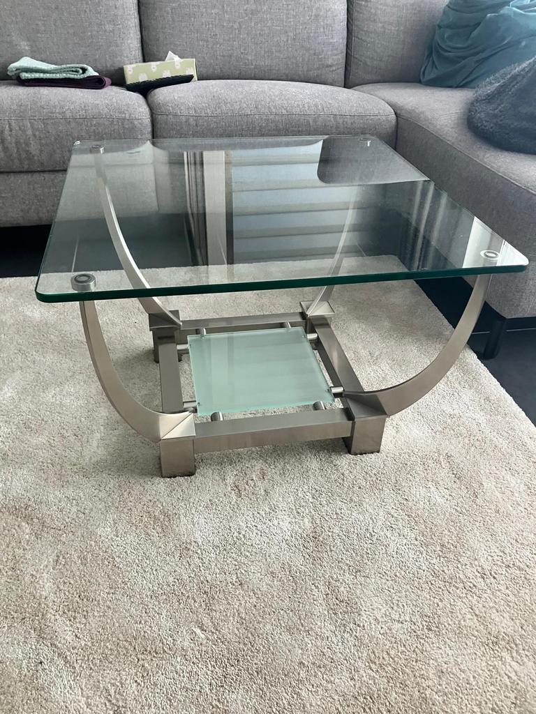 Glazen inox salontafel, Huis en Inrichting, Tafels | Salontafels, Ophalen, Zo goed als nieuw