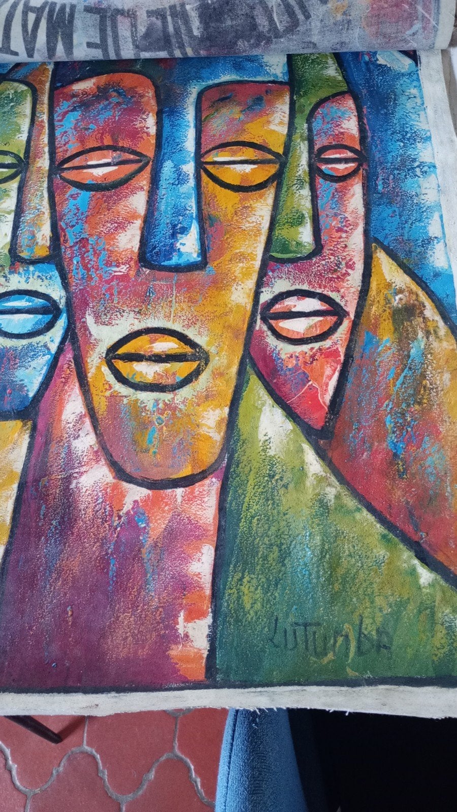 Peinture africaine faite sur sac de farine, Enlèvement ou Envoi