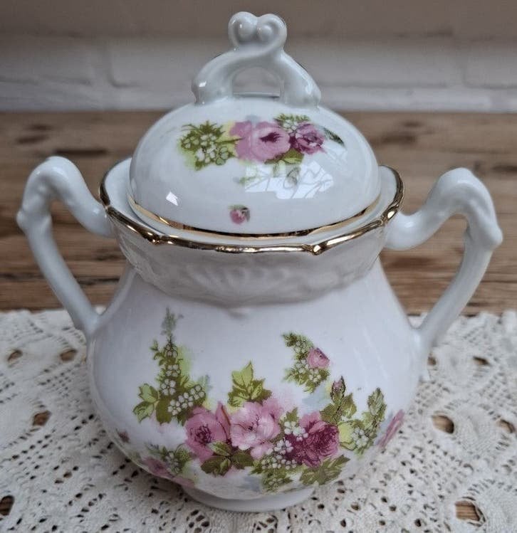 Grote brocante suikerpot, roze roosjes en witte bloemetjes, Antiek en Kunst, Ophalen of Verzenden